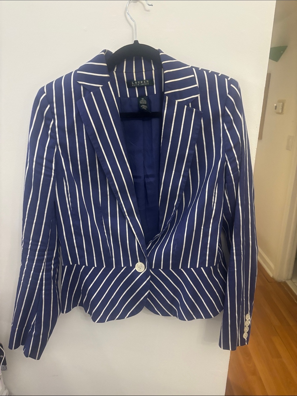 Lauren Ralph Lauren Navy and White Striped Single-Button Blazer